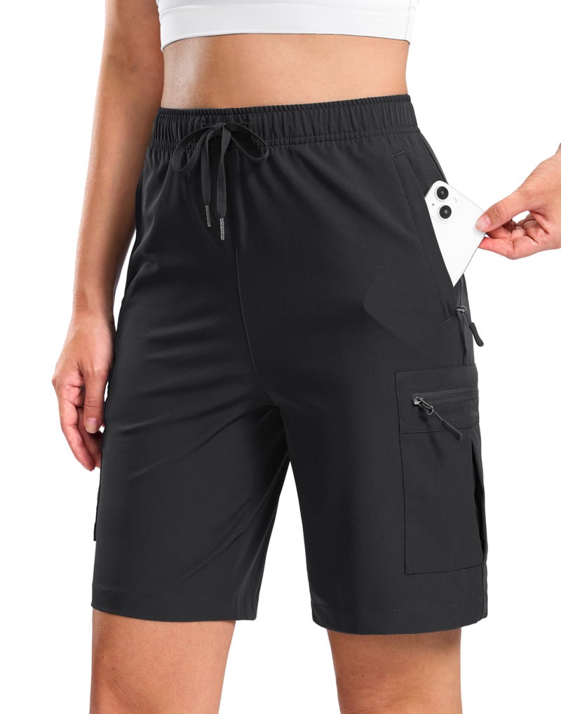 SANTINY Womens 79 Lightweight Hiking Cargo Shorts with 5 Zipper Pockets Quick Dry Summer Long Travel Golf Short for Women Black_M - Image 2