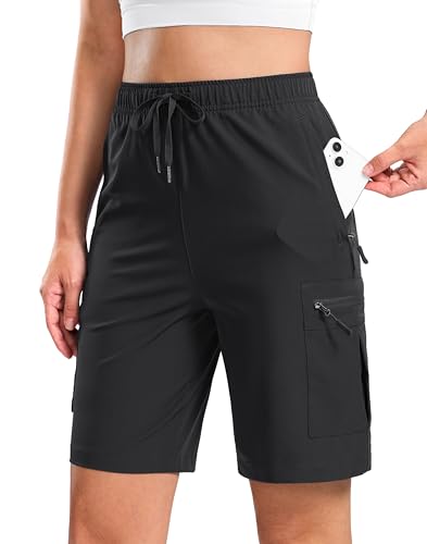SANTINY Womens 79 Lightweight Hiking Cargo Shorts with 5 Zipper Pockets Quick Dry Summer Long Travel Golf Short for Women Black_M - Image 1