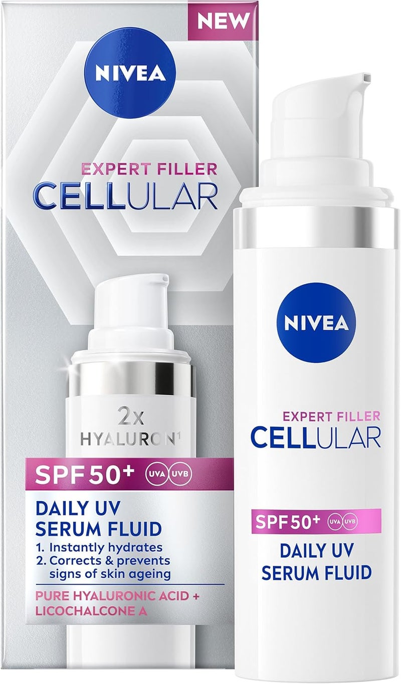 NIVEA Cellular Expert Filler Daily UV Serum Fluid SPF 50 30ml Hydrating AntiAgeing Cream with Sun Protection and Hyaluronic Acid Face Sun Cream to Smooth Fine Lines and Wrinkles
