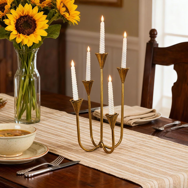 Mervkis Candle Holder Vintage Candlestick Holder Stand for Stick Taper Candle, 5-Arm Cast Iron Candelabra for Wedding Centerpiece Table Decorations Fireplace Mantel Decor, Antique Brass - Image 3