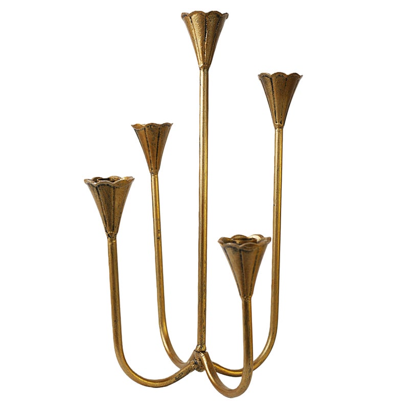 Mervkis Candle Holder Vintage Candlestick Holder Stand for Stick Taper Candle, 5-Arm Cast Iron Candelabra for Wedding Centerpiece Table Decorations Fireplace Mantel Decor, Antique Brass - Image 1