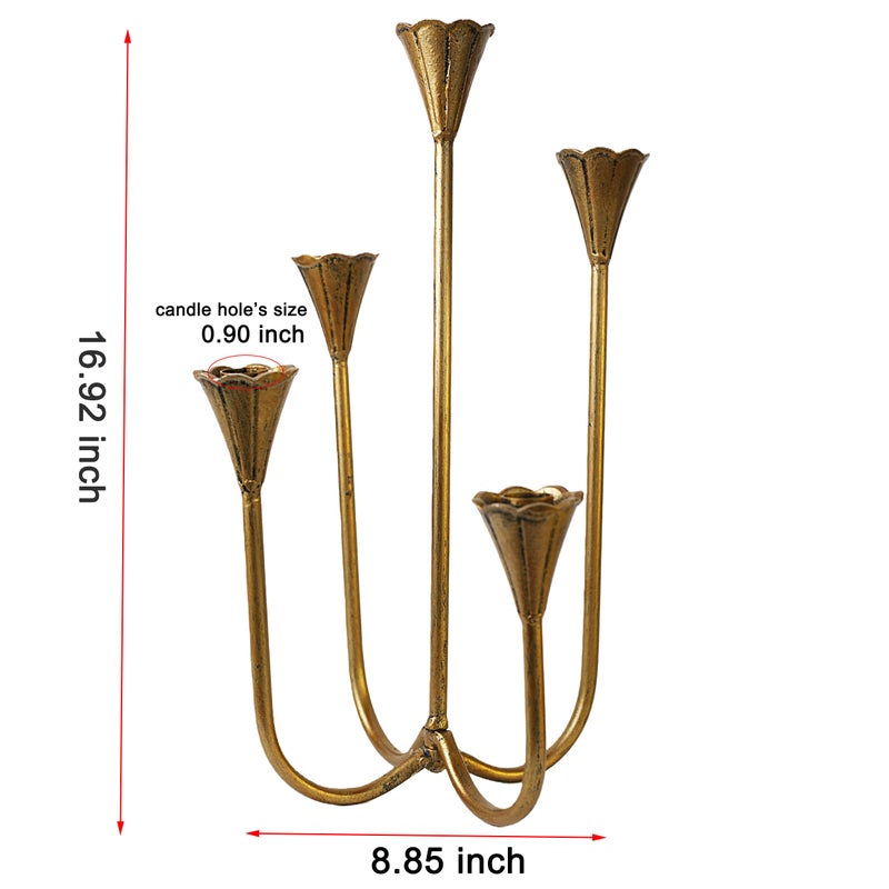 Mervkis Candle Holder Vintage Candlestick Holder Stand for Stick Taper Candle, 5-Arm Cast Iron Candelabra for Wedding Centerpiece Table Decorations Fireplace Mantel Decor, Antique Brass - Image 4