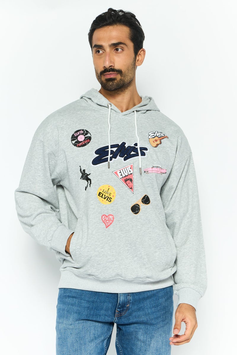 ELVIS Men Hooded Brand Logo Long Sleeves Sweatshirt, Grey - Image 1