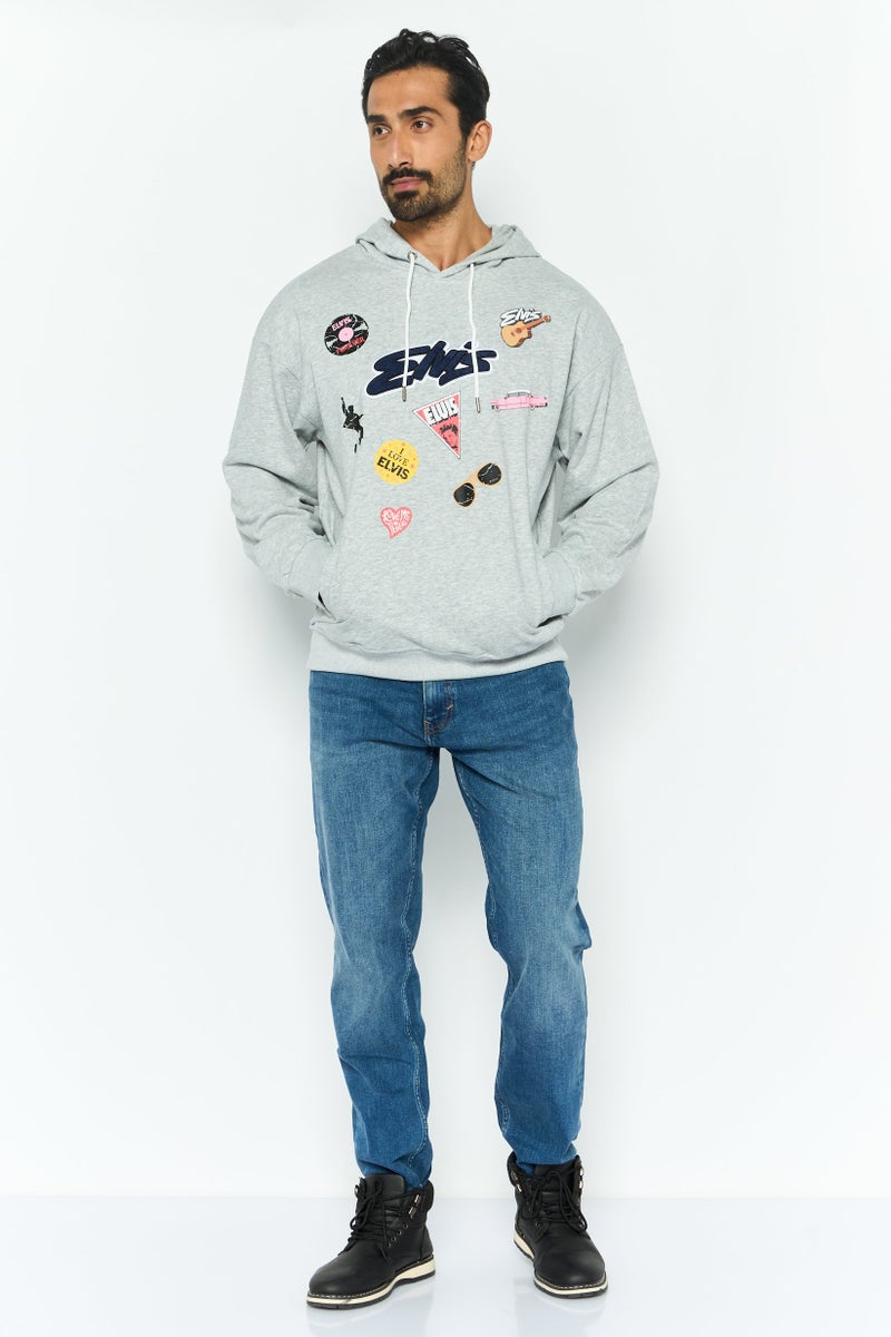 ELVIS Men Hooded Brand Logo Long Sleeves Sweatshirt, Grey - Image 2