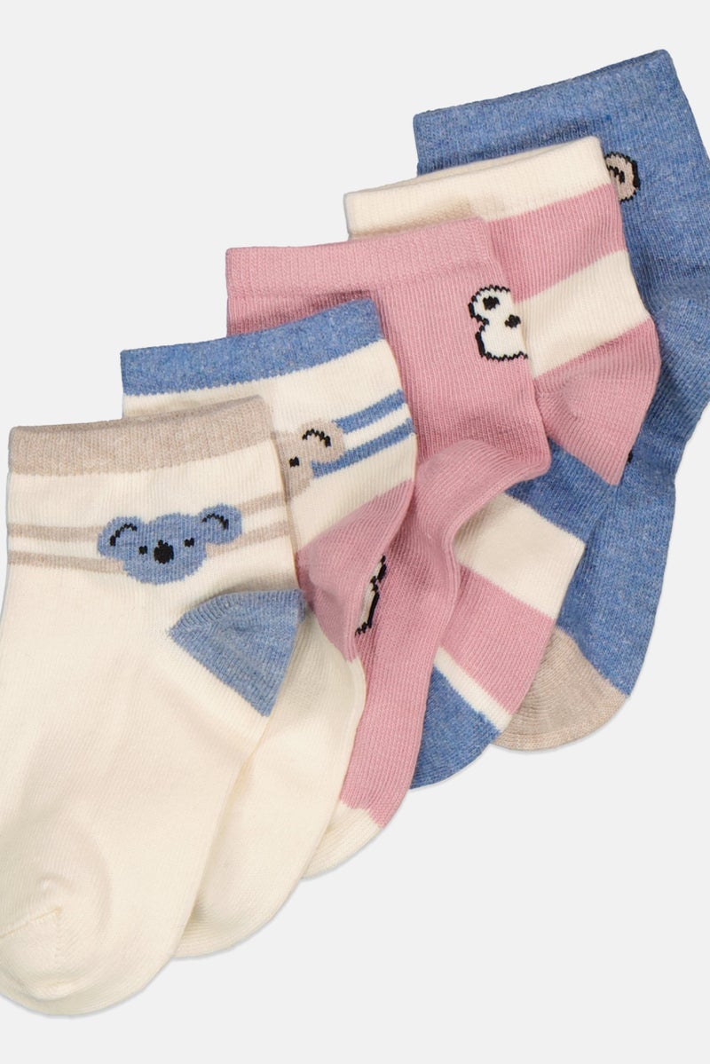 bebe Kids Girl 5 Pairs Graphic Printed Quarter Socks, Multicolor - Image 2