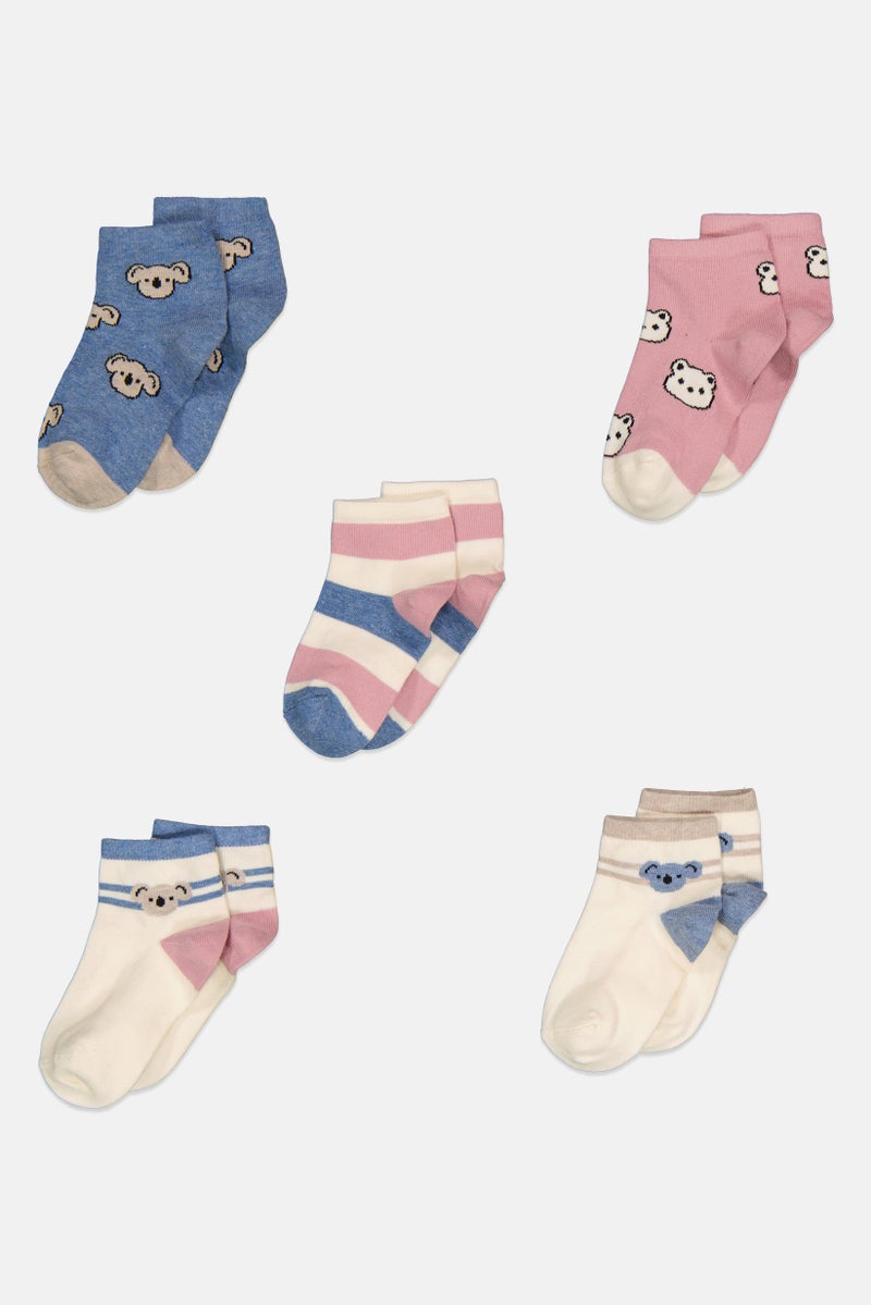 bebe Kids Girl 5 Pairs Graphic Printed Quarter Socks, Multicolor - Image 1