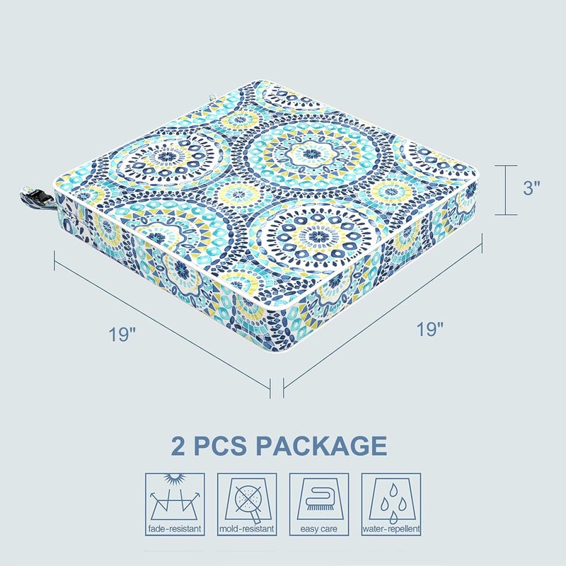LVTXIII Patio Chair Cushions 19"x19"x3", Water-Repellent Seat Cushions for Outdoor/Indoor Furniture, Square Chair Pads with Ties for Dining Chairs and Home Garden Decoration, Set of 2, Delancey Lagoon - Image 3