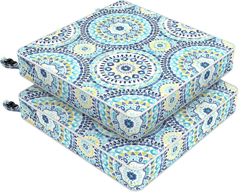 LVTXIII Patio Chair Cushions 19"x19"x3", Water-Repellent Seat Cushions for Outdoor/Indoor Furniture, Square Chair Pads with Ties for Dining Chairs and Home Garden Decoration, Set of 2, Delancey Lagoon - Image 1