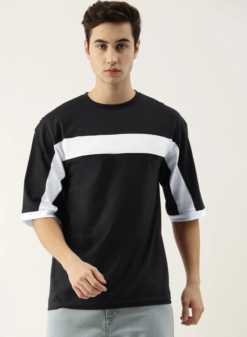 مانياك Maniac Men's 3-4th sleeve Round Neck Black and White Cotton Slim Fit Tshirt