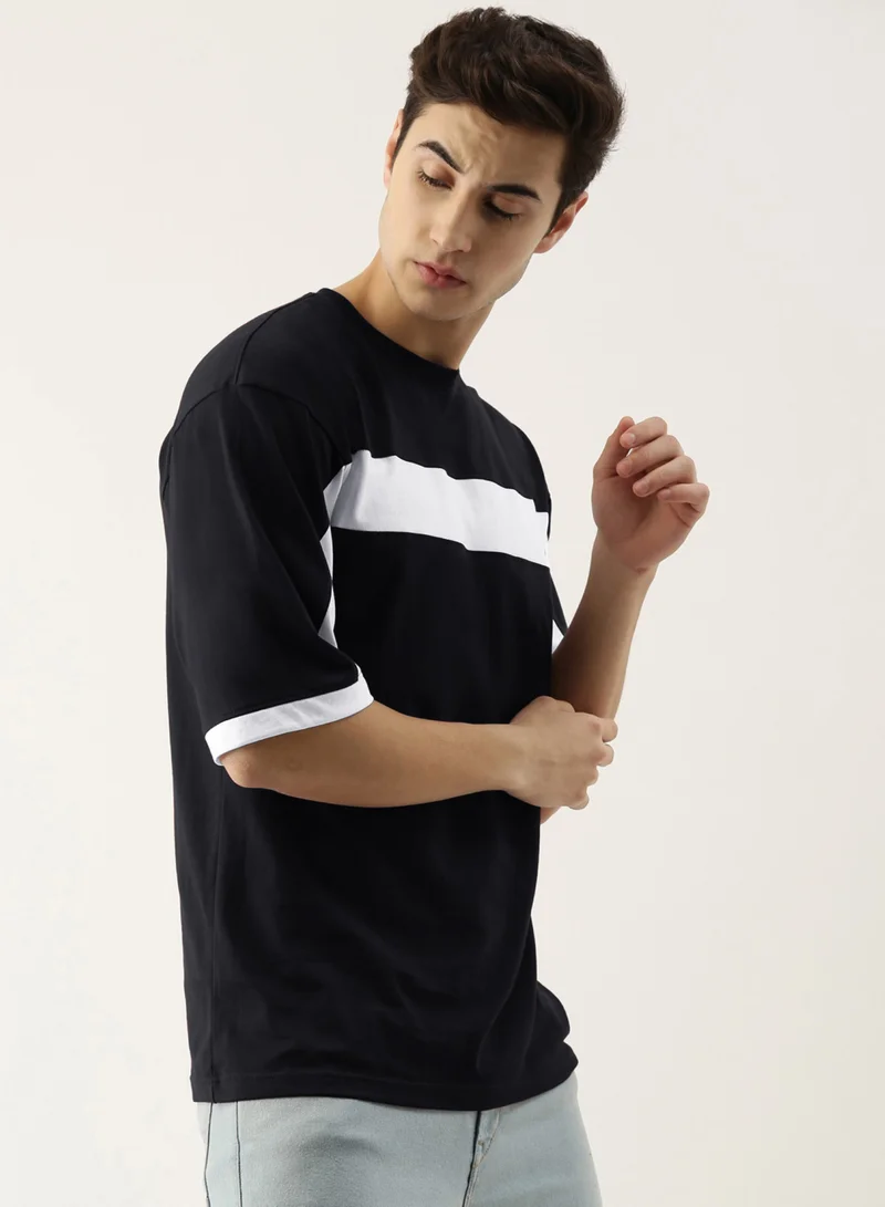 مانياك Maniac Men's 3-4th sleeve Round Neck Black and White Cotton Slim Fit Tshirt
