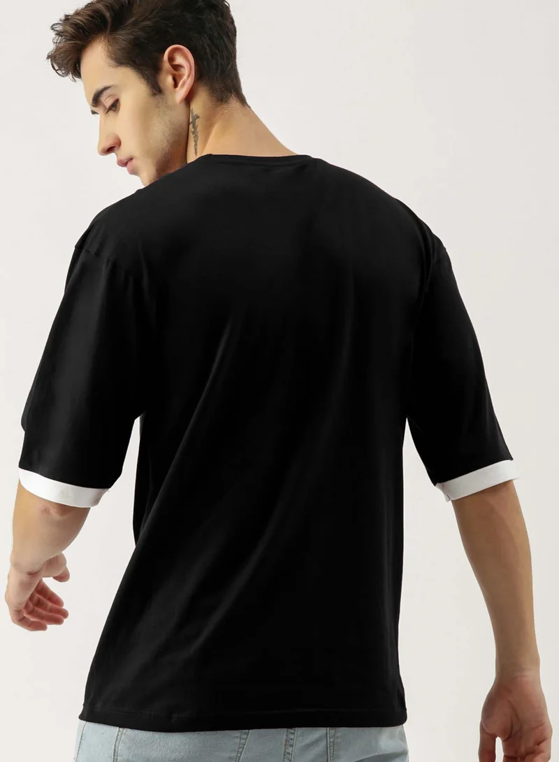 مانياك Maniac Men's 3-4th sleeve Round Neck Black and White Cotton Slim Fit Tshirt