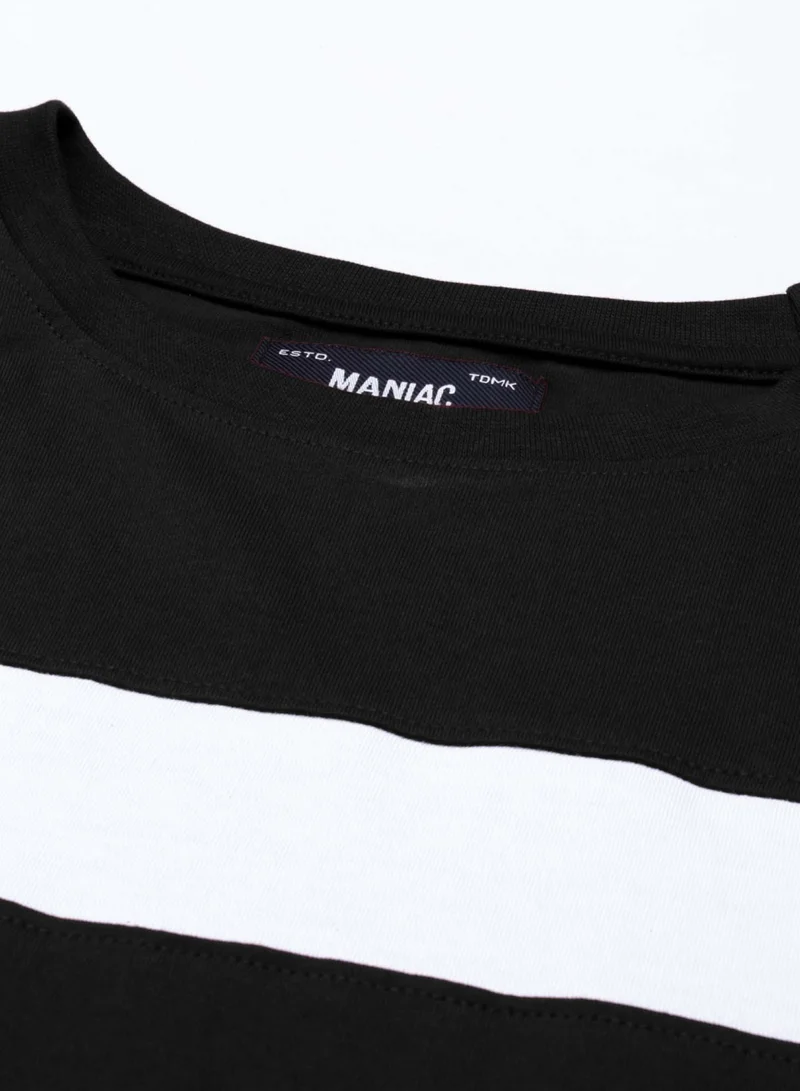مانياك Maniac Men's 3-4th sleeve Round Neck Black and White Cotton Slim Fit Tshirt