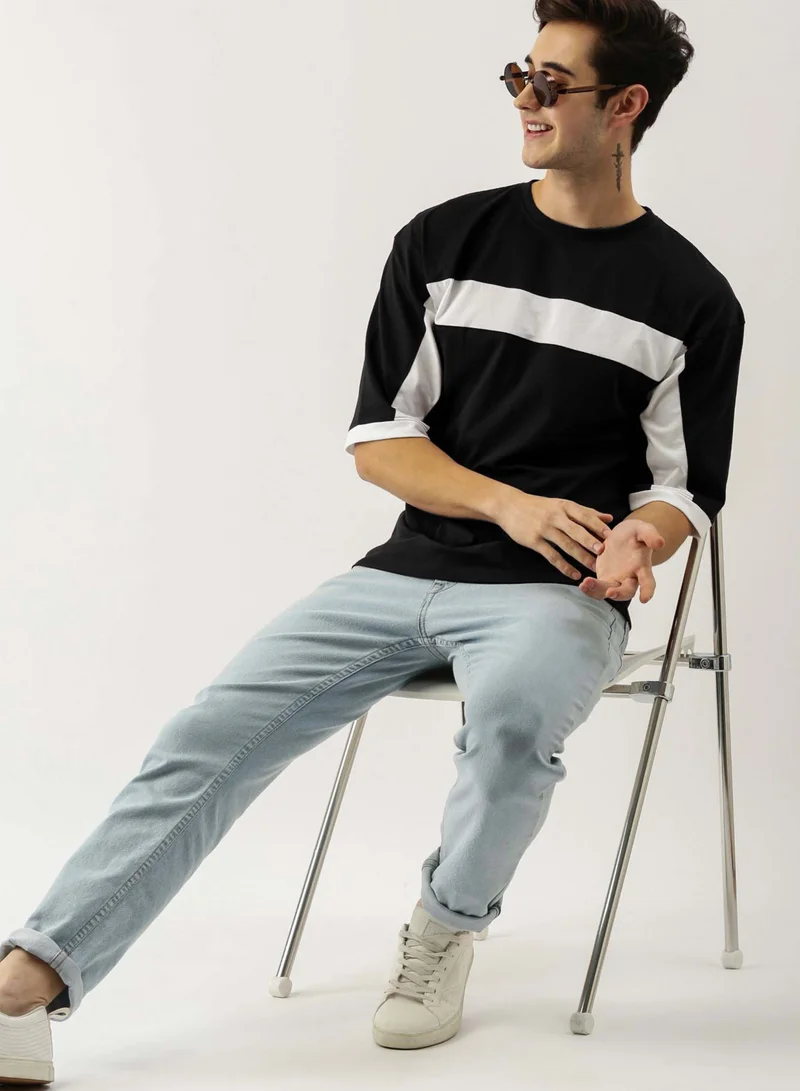 مانياك Maniac Men's 3-4th sleeve Round Neck Black and White Cotton Slim Fit Tshirt