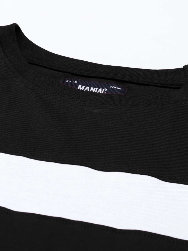 مانياك Maniac Men's 3-4th sleeve Round Neck Black and White Cotton Slim Fit Tshirt
