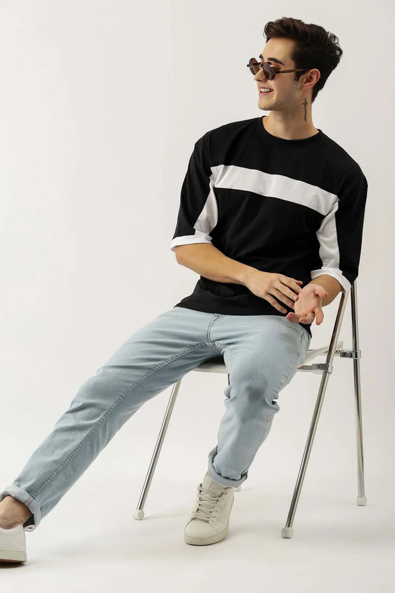 مانياك Maniac Men's 3-4th sleeve Round Neck Black and White Cotton Slim Fit Tshirt