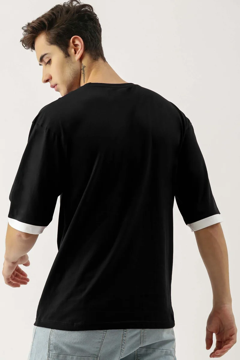 مانياك Maniac Men's 3-4th sleeve Round Neck Black and White Cotton Slim Fit Tshirt