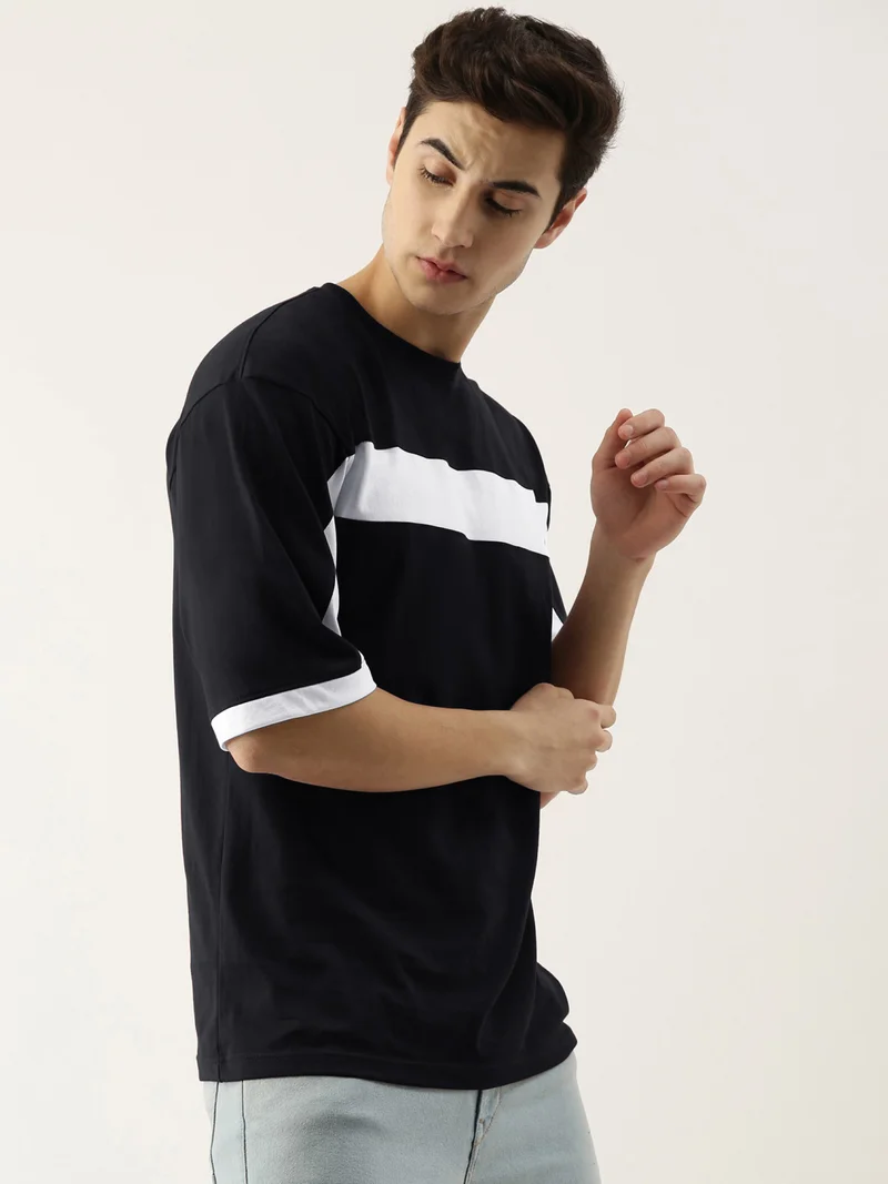 مانياك Maniac Men's 3-4th sleeve Round Neck Black and White Cotton Slim Fit Tshirt