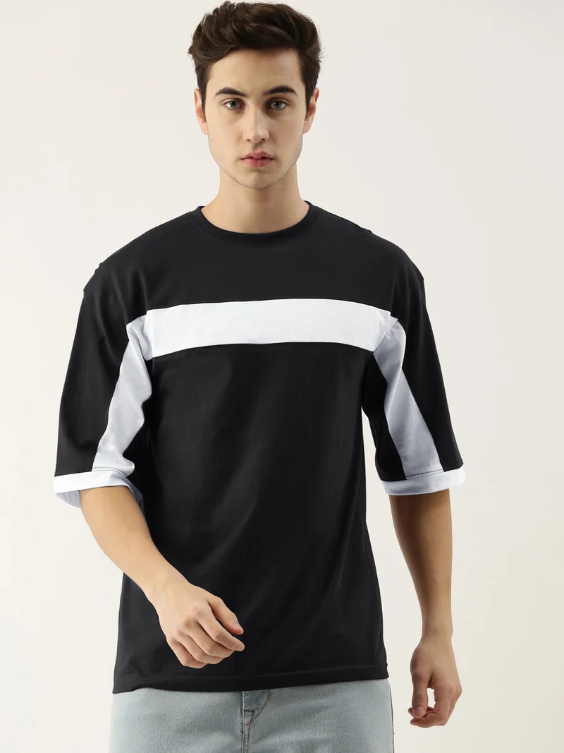 مانياك Maniac Men's 3-4th sleeve Round Neck Black and White Cotton Slim Fit Tshirt