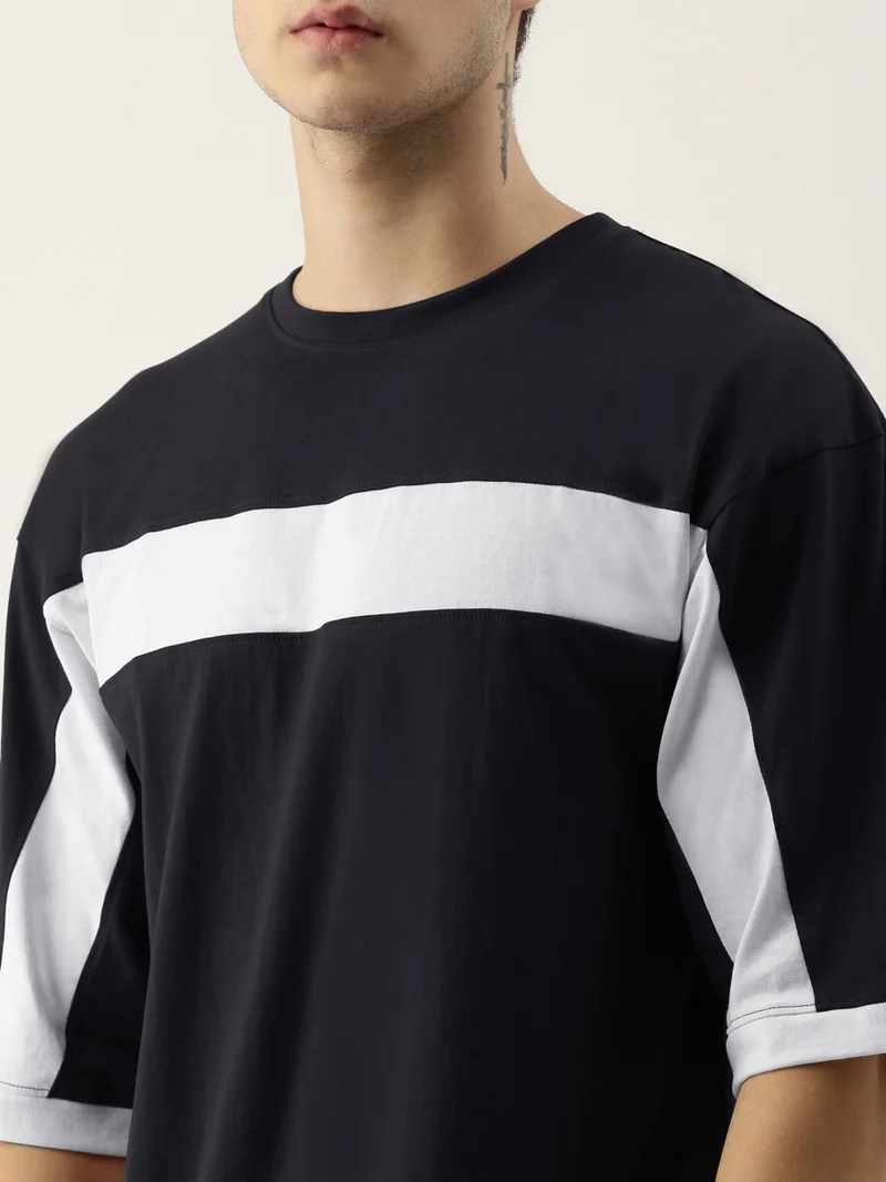 مانياك Maniac Men's 3-4th sleeve Round Neck Black and White Cotton Slim Fit Tshirt