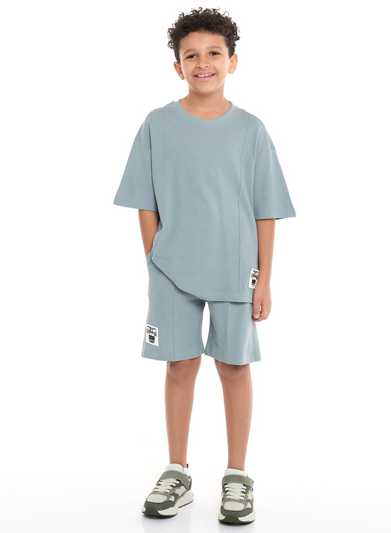 Victor and Jane Boys' Cord Set – Ice Blue T-shirt and Shorts Outfit - Image 1