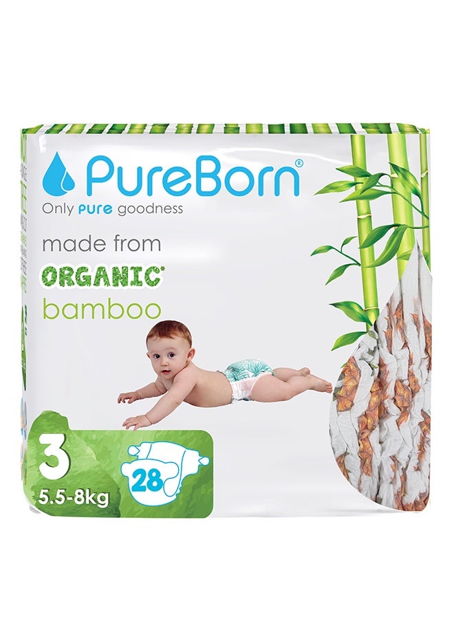 PureBorn حفاضات عضوية من الخيزران مقاس 3 5.5-8 كجم 28 قطعة - Image 1