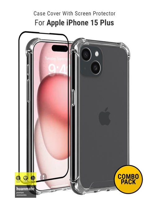 2 in 1 Protection Pack Of Case Cover And Edge to Edge Screen Protector For Apple iPhone 15 Plus Black/Clear