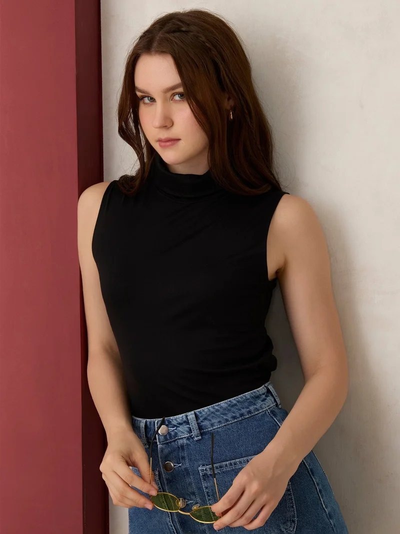Outzidr  Black Solid High Neck Top for Women | Best Price UAE