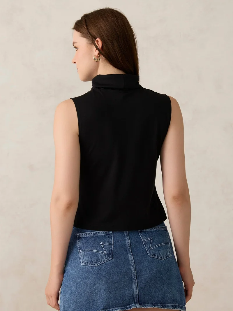 Outzidr  Black Solid High Neck Top for Women | Best Price UAE