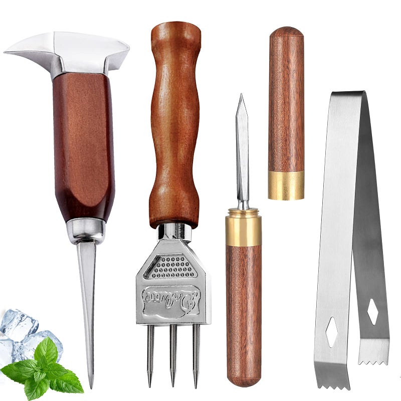 Ice Pick Set of 4 Stainless Steel Ice Chipper with Wood Handle Japanese style Ice Crusher Ice Tong ideal for Bars Bartender Best Carving Tool 4PCS SET
