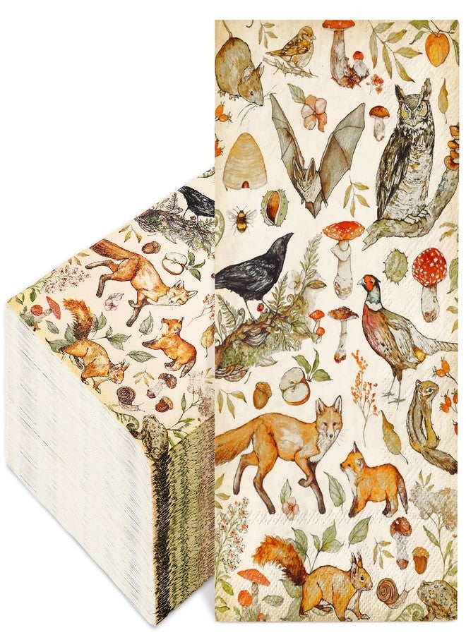 JarThenaAMCS 80Pcs Vintage Animal Paper Guest Napkins Mushroom Woodland Animal Paper Napkins Retro Disposable Hand Towel Napkins for Home Holiday Party Supplies, 4.3x7.8inch - Image 1