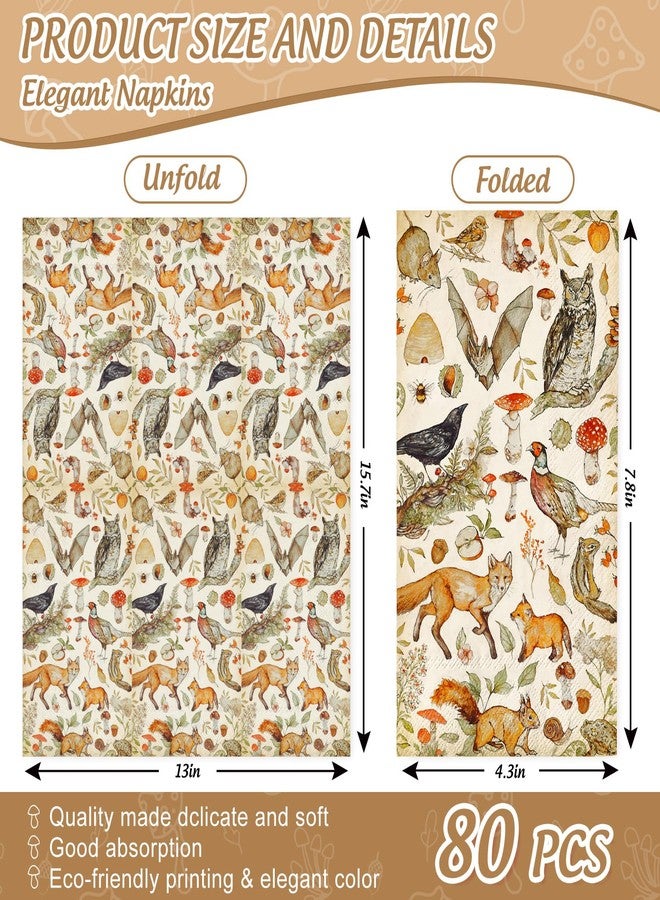 JarThenaAMCS 80Pcs Vintage Animal Paper Guest Napkins Mushroom Woodland Animal Paper Napkins Retro Disposable Hand Towel Napkins for Home Holiday Party Supplies, 4.3x7.8inch - Image 2