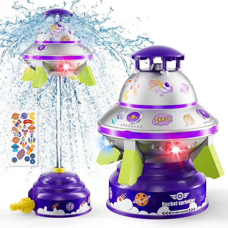 JOI MEW رشاش ماء JOI MEW UFO للأطفال لعبة صاروخ ماء للعب في الهواء الطلق صيفاً مع ضوء دوار ارتفاع قابل للتعديل قاذف ماء ملصقات فضائية DIY هدية للبنات والأولاد من 3 إلى 12 سنة باللون الأرجواني - Image 2