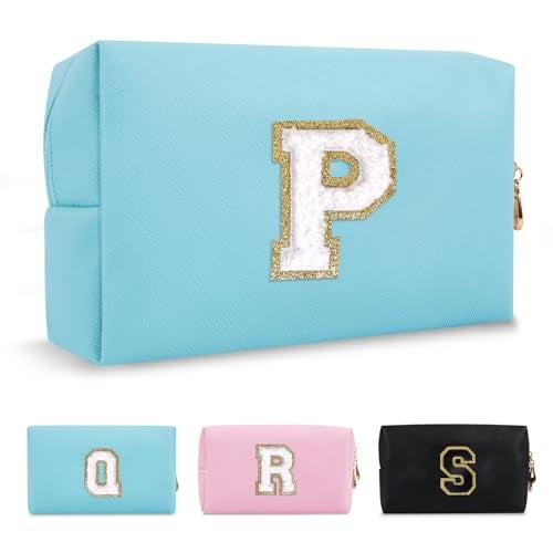 ChaoGreat Small Personalized Initial A-Z Preppy Patch Makeup Bag,PU Chenille Letter Travel Cosmetic Pouch with Zipper,Blue Cute Toiletry Bag,Gift Ideal for Teen Girls Women Teacher Bridesmaid,Letter P - Image 1