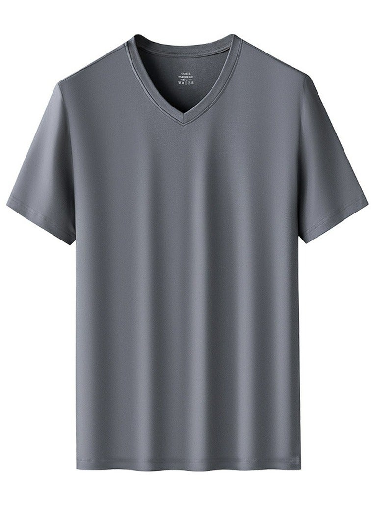 Loquat Men's Solid Color Classic Short Sleeve V-Neck T-Shirt Deep Grey 