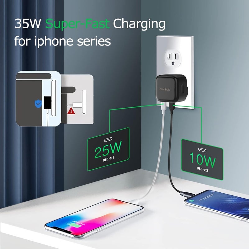فينسوك شاحن VINSOC 35W USB-C، محول GaN للشحن السريع من النوع C متعدد المنافذ، قابس شاحن حائط متوافق مع iPhone 13/13 mini/13 Pro/13 Pro Max/12، Galaxy، Pixel 4/3، iPad/iPad mini، والمزيد - Image 3