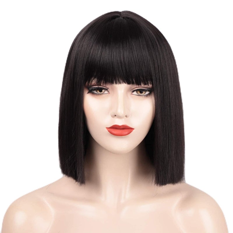 ENTRANCED STYLES Black Bob Wig with Bangs Short Black Wig for Women Straight Bob Wigs Heat Resistant Synthetic wig Mia Wallace Cleopatra Cospaly Daily Party Use 12