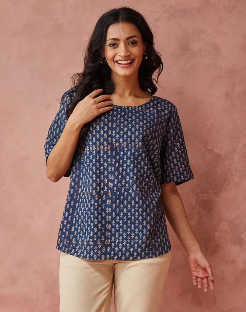 فاب انديا Blue Cotton Dabu Printed Top