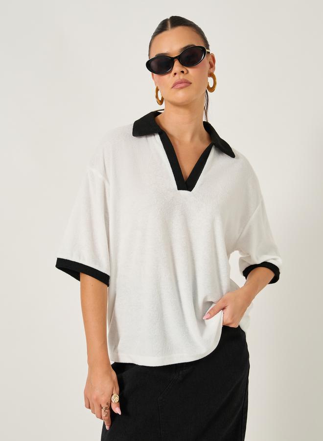 Styli Contrast Trim Solid Short Sleeve Boxy Fit Polo T-shirt - Image 1
