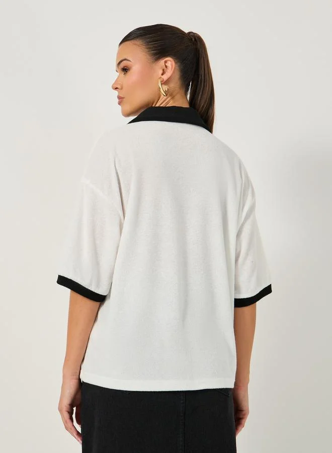 Styli Contrast Trim Solid Short Sleeve Boxy Fit Polo T-shirt