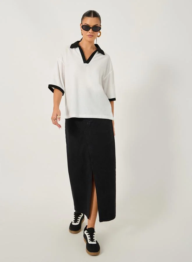 Styli Contrast Trim Solid Short Sleeve Boxy Fit Polo T-shirt
