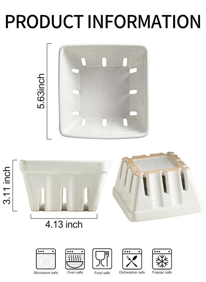 Gomakren Fruit Bowl with Holes, Ceramic Berry Basket Set of 2, 5.7 Inch Square Fruit Basket for Kitchen Counter, Rustic Berry Containers, Farmhouse Kitchen Decor - Cream White - Image 2