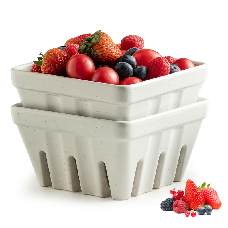 Gomakren Fruit Bowl with Holes, Ceramic Berry Basket Set of 2, 5.7 Inch Square Fruit Basket for Kitchen Counter, Rustic Berry Containers, Farmhouse Kitchen Decor - Cream White - Image 1
