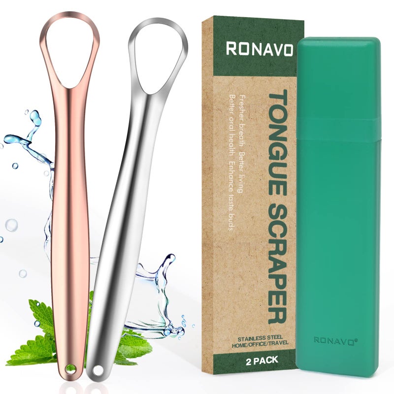 RONAVO Tongue Scraper for Kids Children Adult Stainless Steel Tongue Cleaner Reduce Bad Breath with Handy Case 2 Colors