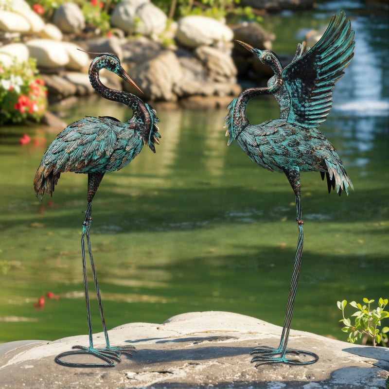 Ruifabo Garden Statues Large Metal Crane Sculptures, Outdoor Heron Metal Statue Yard Art for Garden Decor, Realistic Bird Art for Outdoor Decor, Standing Lifelike, Water&Rust-Proof, Set of 2 Bronze - Image 1