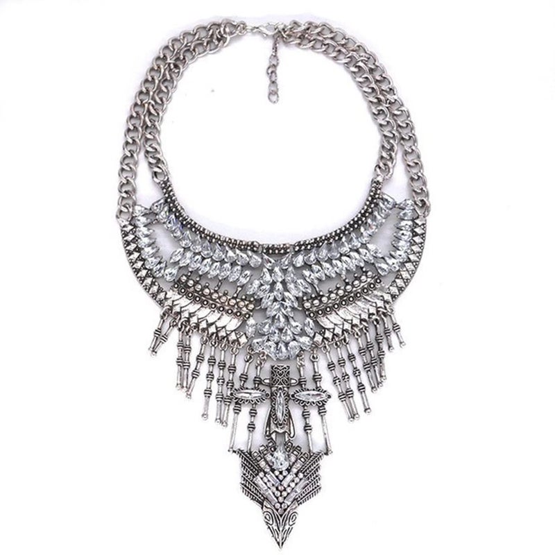 CCBFY Long Tassel Chunky Boho Coin Statement Necklace For Women Silver (Style 4) - Image 1