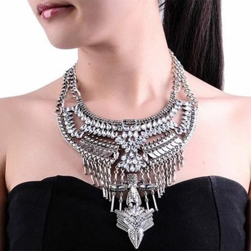 CCBFY Long Tassel Chunky Boho Coin Statement Necklace For Women Silver (Style 4) - Image 3