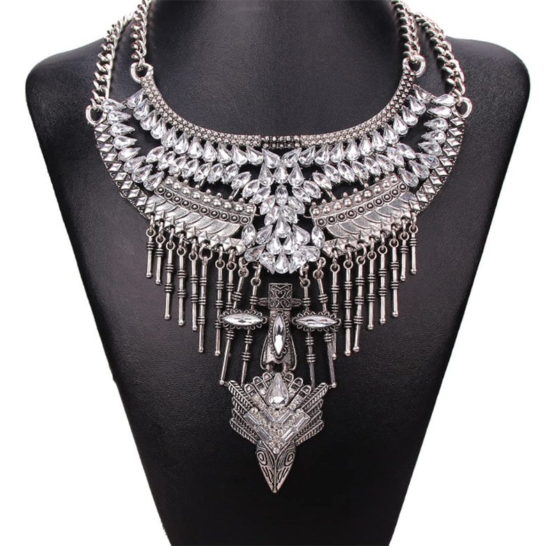 CCBFY Long Tassel Chunky Boho Coin Statement Necklace For Women Silver (Style 4) - Image 5