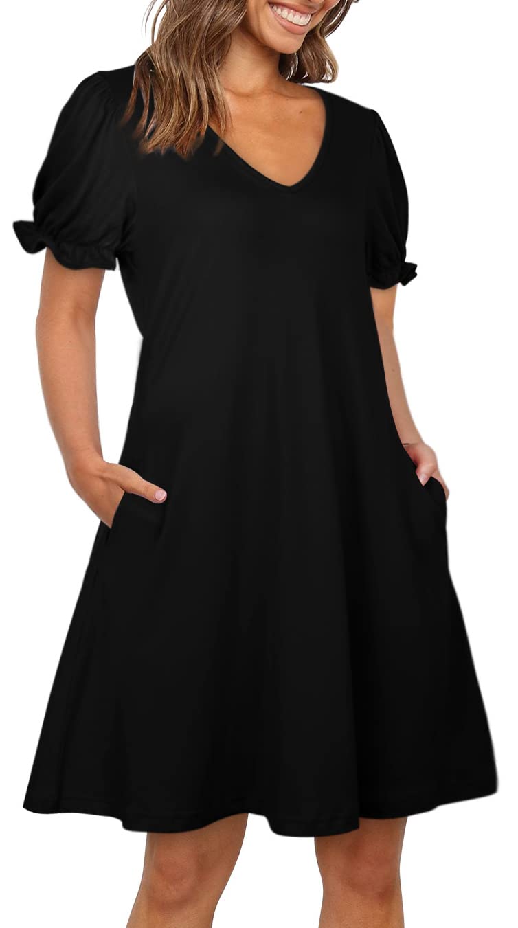 Aloodor Dresses for Women 2025 V Neck Puff Sleeve Summer Dress Ladies Black L - Image 3