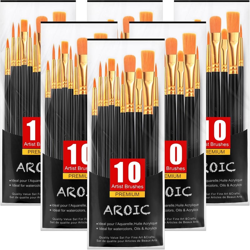AROIC Acrylic Paint Brushes, 6 Packs / 60 pcs Nylon Hair Paint Brush Set for All Purpose Oil Watercolor Painting Artist Professional Kits (Black) - Image 1