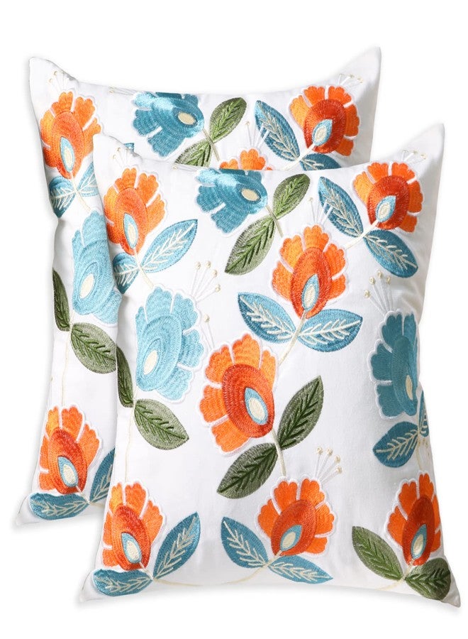 Pilmandu Set of 2 Embroidered Decorative Throw Pillow Covers Couch Square Pillowcases Cushion for Bedroom Sofa Farmhouse Decor 18x18 Inch (Flower) - Image 1
